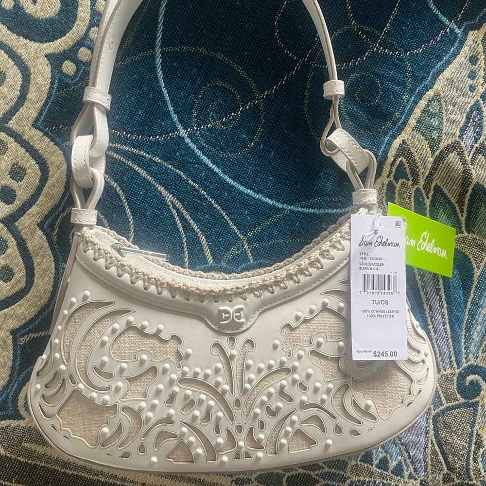 NWT Sam Edelman Cream White Laser-Cut Floral Leather Shoulder Bag